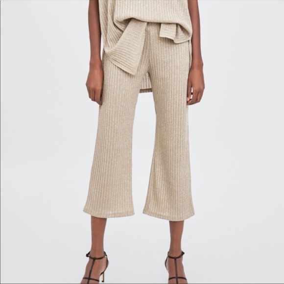 Zara Pants - ZARA ribbed stretchy shimmer pull on pants tan M